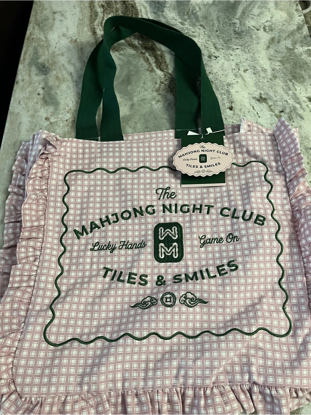 New with tags Ruffle Tiles & Smiles Tote Bag - Pink and Green